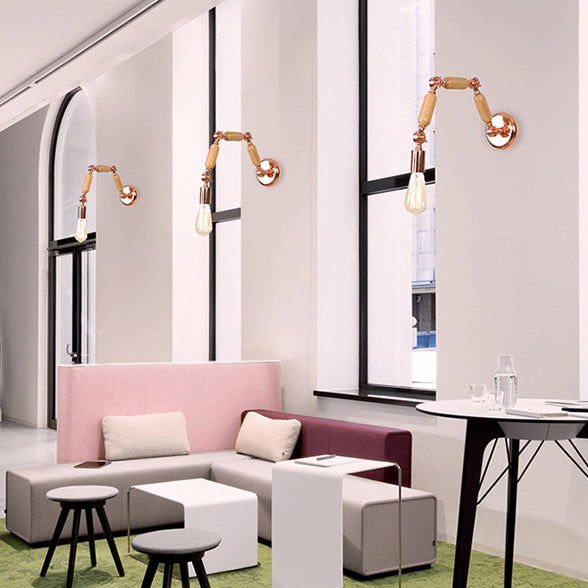 Frendorf | 1 Kopfbare Glühbirne Wandlampe Industriestil Roségold Holz- und Metall-Wandleuchte mit dreifachem Gelenk
