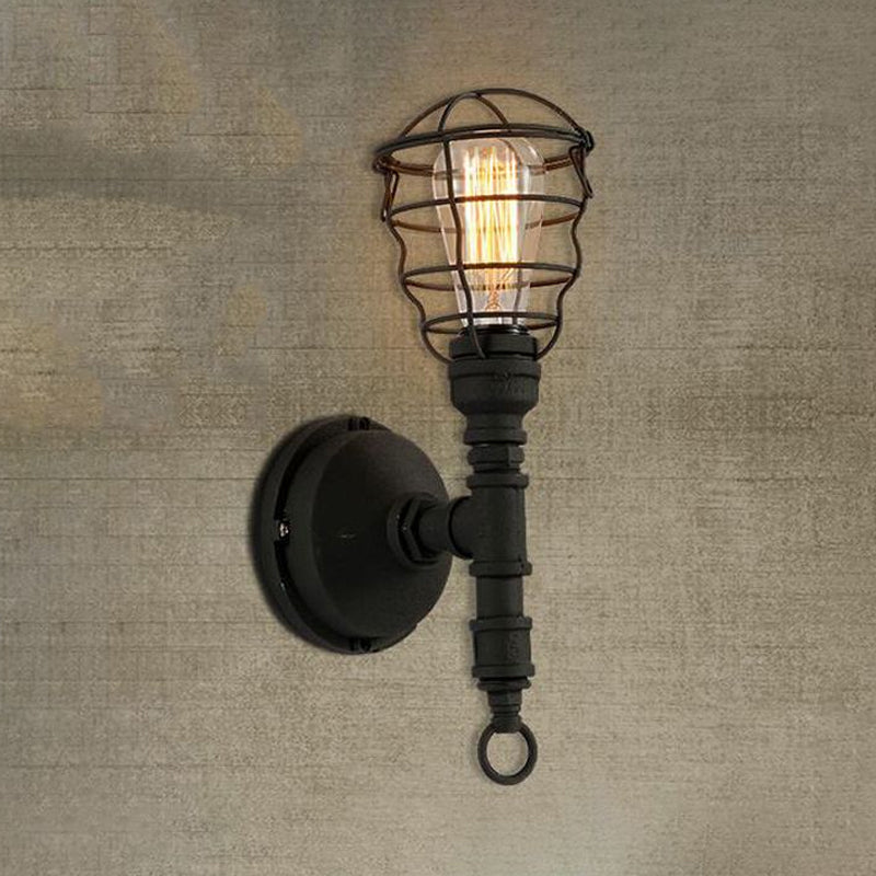 Frendorf | Vintage Industriële Gecoate Wandlamp 1 Licht Metaal Wandmontage Licht met Waterpijp in Zwart voor Eetkamer