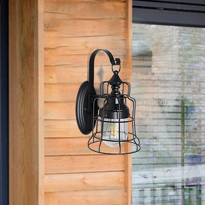 Frendorf | Küstenstil Glocken Käfig Wandlicht 1 Glühbirne Metall Wandlampe mit innerem Glasschirm und Gänsekopfarm in Schwarz