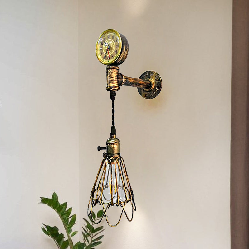 Frendorf | 1 Glühbirne Metall Wandlampe Bauernhaus Gealtertes Messing/schwarzer Drahtrahmen Flur Wandleuchte mit Messgerät