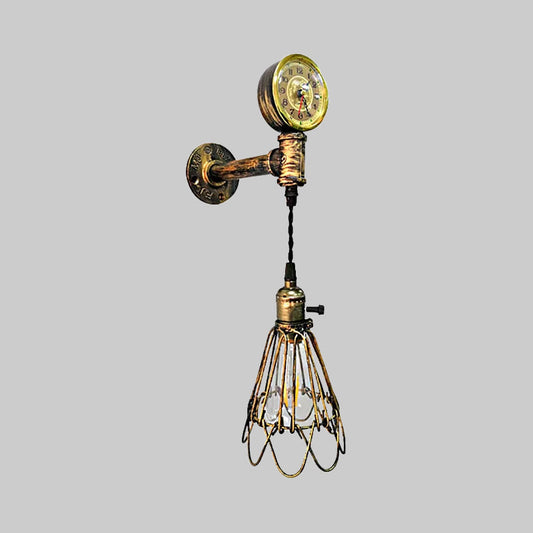 Frendorf | 1 Glühbirne Metall Wandlampe Bauernhaus Gealtertes Messing/schwarzer Drahtrahmen Flur Wandleuchte mit Messgerät