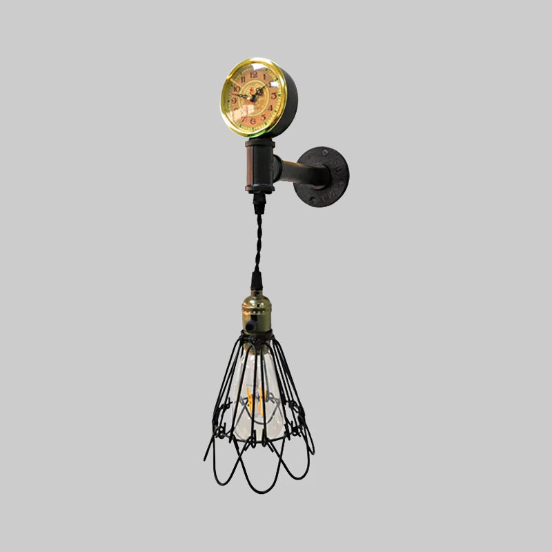 Frendorf | 1 Glühbirne Metall Wandlampe Bauernhaus Gealtertes Messing/schwarzer Drahtrahmen Flur Wandleuchte mit Messgerät