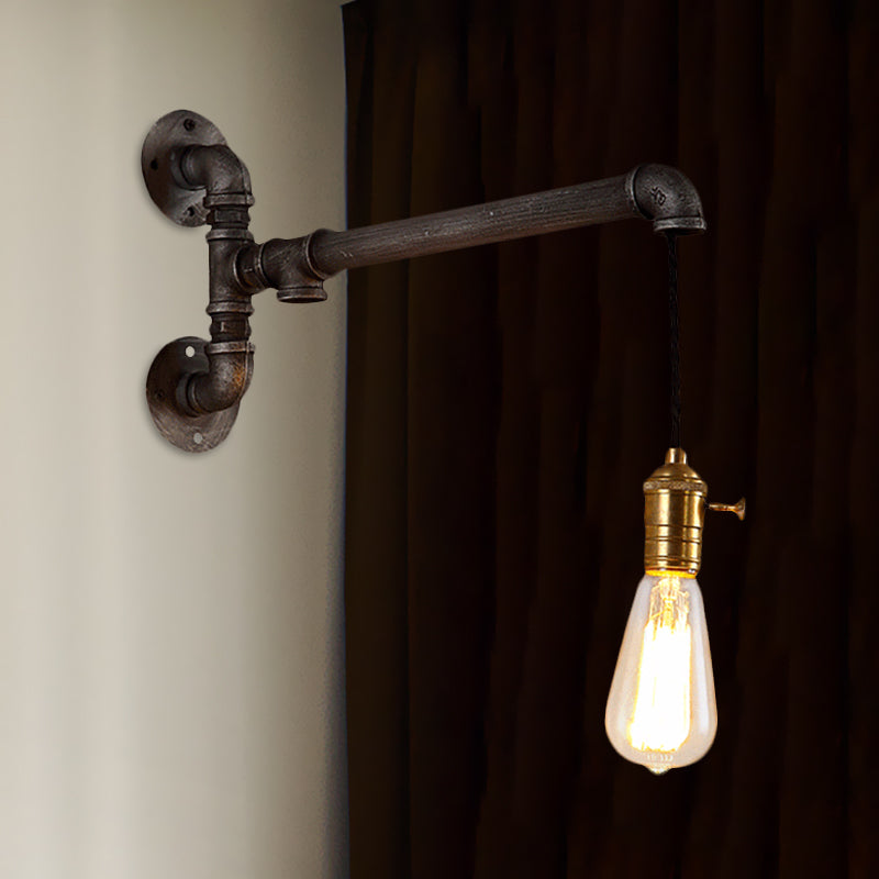 Frendorf | Steampunk Open Bulb Wandlamp Fixture met Hangkoord en Pijp 1 Licht Metaal Wandmontage Lamp in Verouderd Zilver