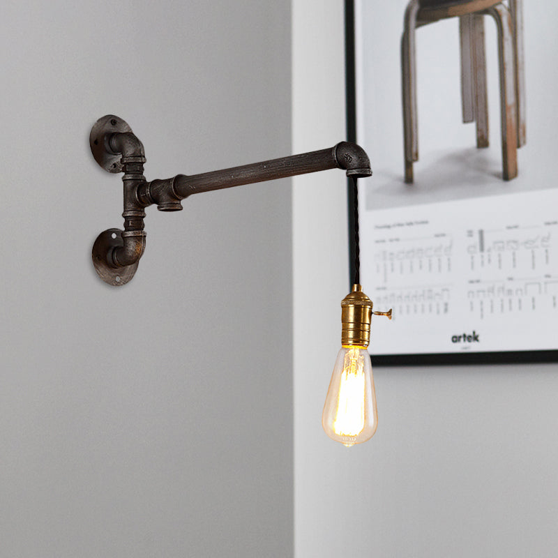 Frendorf | Steampunk Open Bulb Wandlamp Fixture met Hangkoord en Pijp 1 Licht Metaal Wandmontage Lamp in Verouderd Zilver
