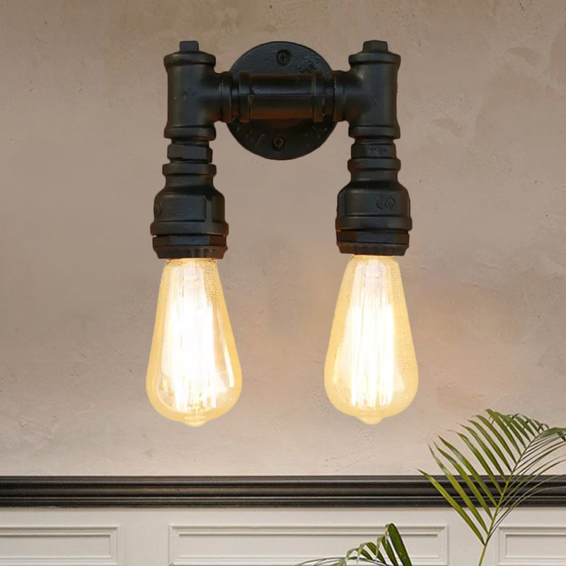 Frendorf | Industriële Bare Bulb Wandlamp Verlichting met Waterpijp 2 Lichten Metallic Wandgemonteerde Lamp in Zwart/Antiek Messing