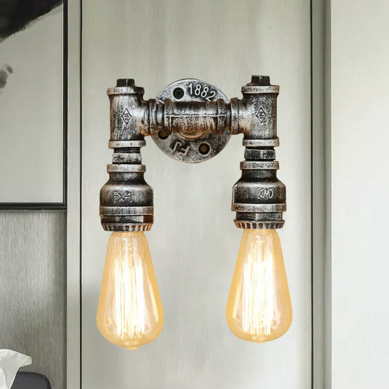 Frendorf | Industriële Bare Bulb Wandlamp Verlichting met Waterpijp 2 Lichten Metallic Wandgemonteerde Lamp in Zwart/Antiek Messing