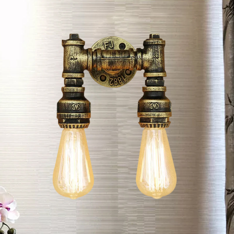 Frendorf | Industriële Bare Bulb Wandlamp Verlichting met Waterpijp 2 Lichten Metallic Wandgemonteerde Lamp in Zwart/Antiek Messing