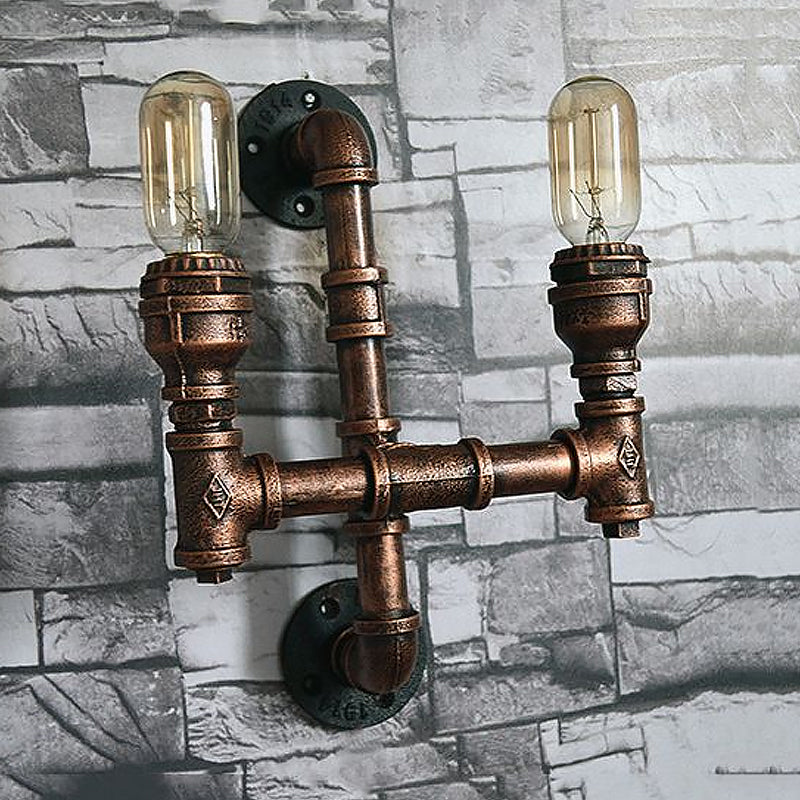 Frendorf | Warehouse Waterpijp Wandlamp met Blootgestelde Gloeilamp 2/3 Lichten IJzeren Wandlamp in Verweerd Koper