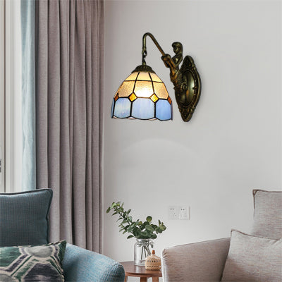Frendorf | Blaue Glas-Gittermuster Wandmontierte Lampe Tiffany 1 Kopf Antik Messing Wandleuchte