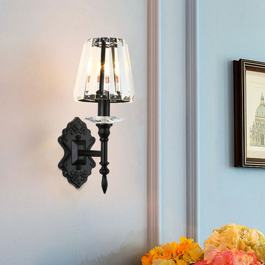 Frendorf | 1/2-Licht Nachttisch Wandbeleuchtung Modernismus Schwarze Wandmontierte Lampe mit konischem Kristallblockschirm