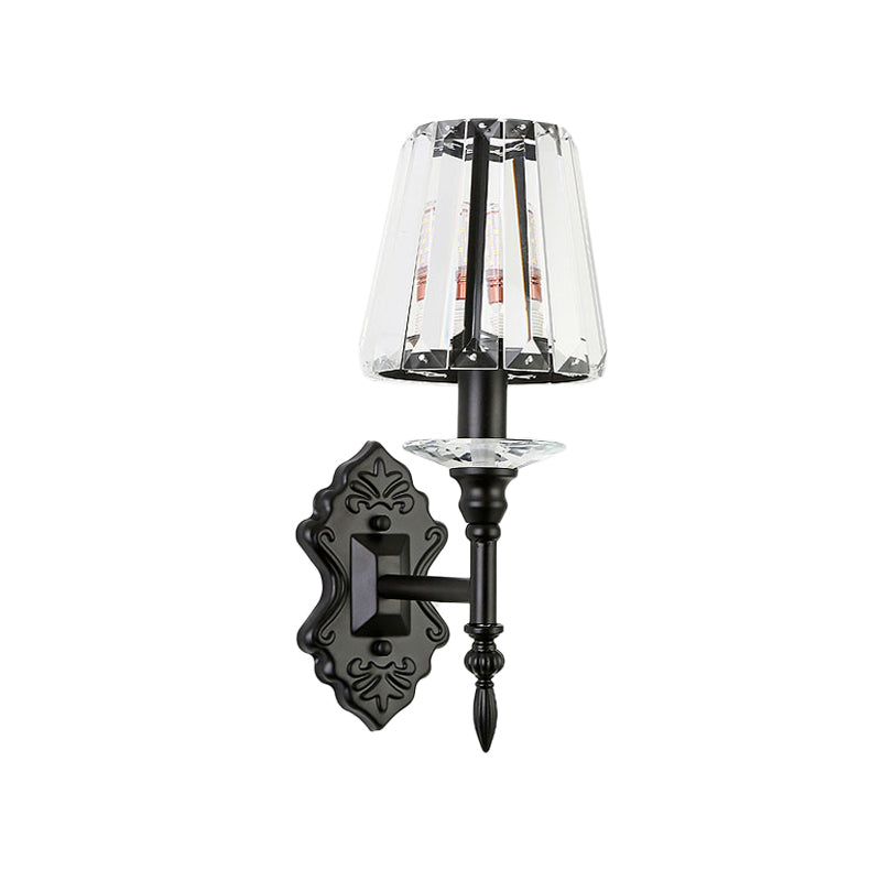 Frendorf | 1/2-Licht Nachttisch Wandbeleuchtung Modernismus Schwarze Wandmontierte Lampe mit konischem Kristallblockschirm