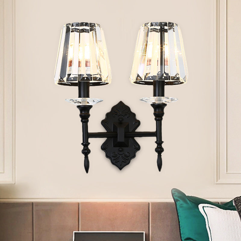 Frendorf | 1/2-Licht Nachttisch Wandbeleuchtung Modernismus Schwarze Wandmontierte Lampe mit konischem Kristallblockschirm