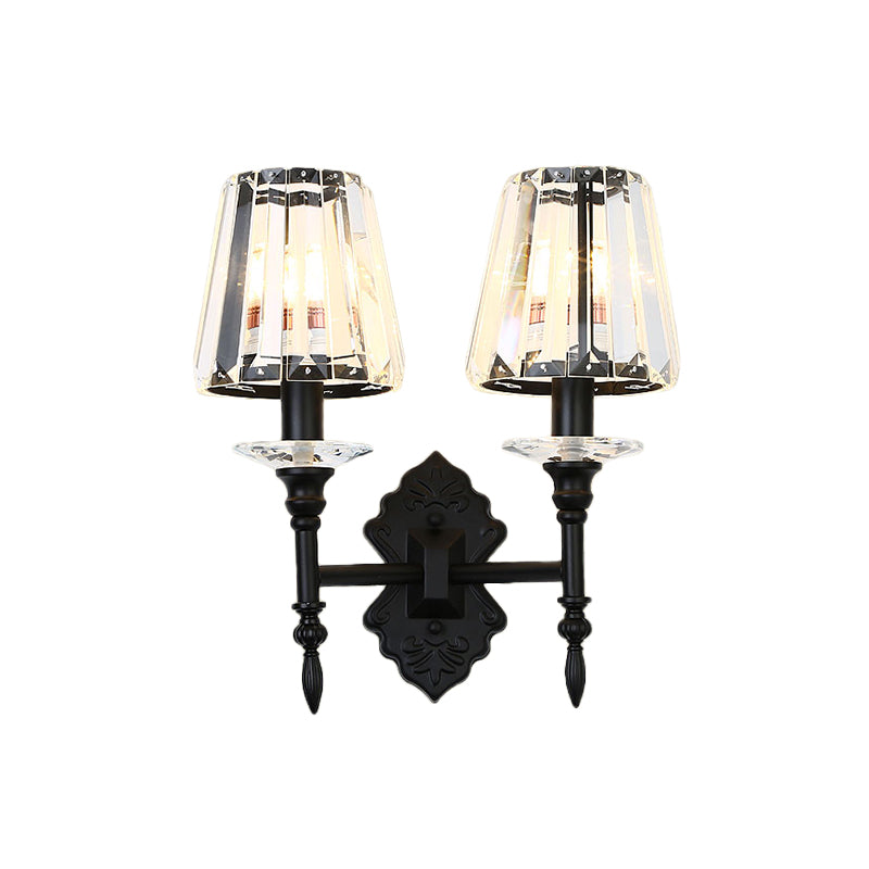 Frendorf | 1/2-Licht Nachttisch Wandbeleuchtung Modernismus Schwarze Wandmontierte Lampe mit konischem Kristallblockschirm