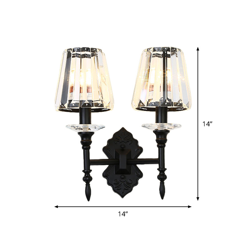 Frendorf | 1/2-Licht Nachttisch Wandbeleuchtung Modernismus Schwarze Wandmontierte Lampe mit konischem Kristallblockschirm