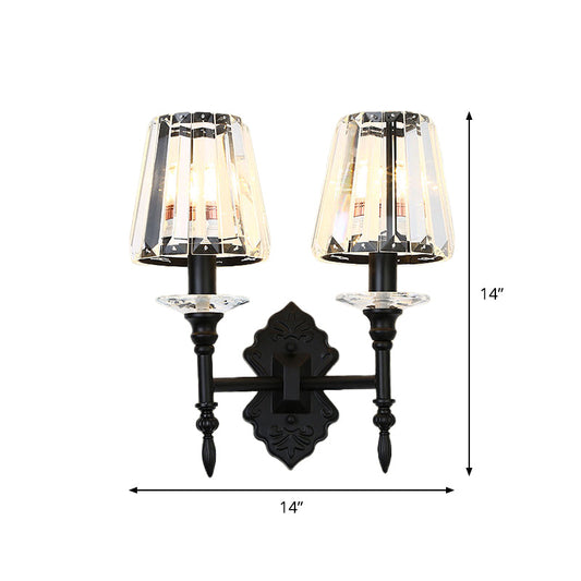 Frendorf | 1/2-Licht Nachttisch Wandbeleuchtung Modernismus Schwarze Wandmontierte Lampe mit konischem Kristallblockschirm