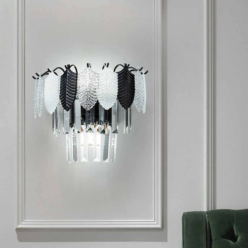 Frendorf | 2-Layer Crystal Rechteck Wandleuchte Modernist 3 Köpfe Schwarz und Weiß Wandlampe mit Blatt Acryl Deco