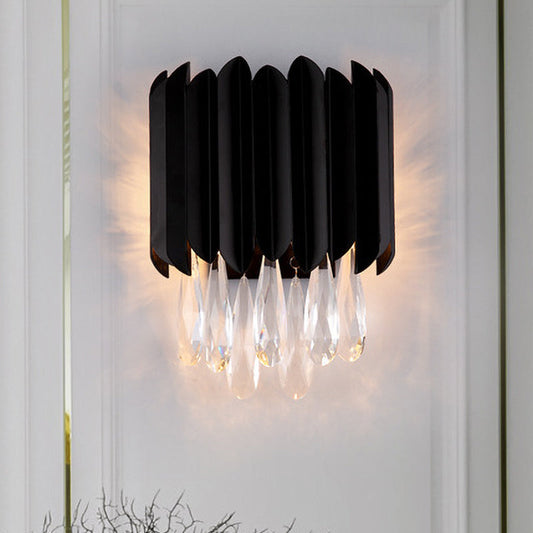 Frendorf | 2 Lichter Flush Mount Wand Sconces Mid Century Röhren Metall Wandlampe in Schwarz mit Schnittkristall Tropfen