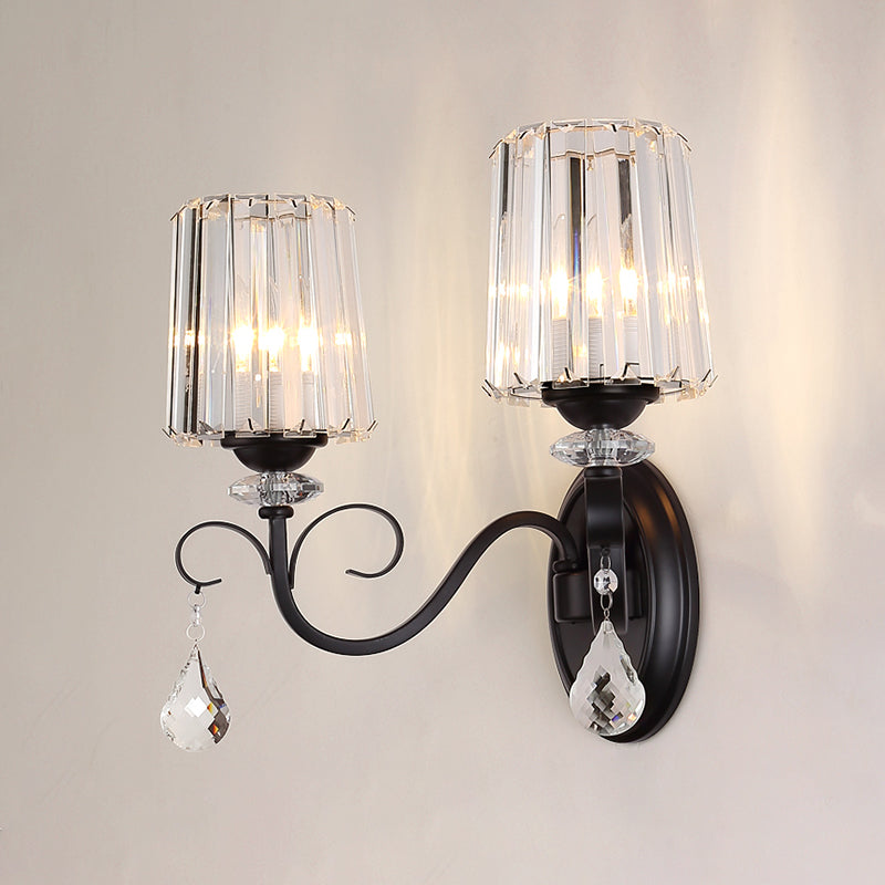 Frendorf | 1/2-Licht Klar Prismen Kristall Wandleuchte Moderne Schwarze Zylinder Wohnzimmer Wandmontage Lampe