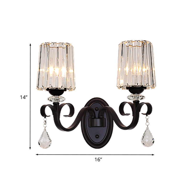 Frendorf | 1/2-Licht Klar Prismen Kristall Wandleuchte Moderne Schwarze Zylinder Wohnzimmer Wandmontage Lampe