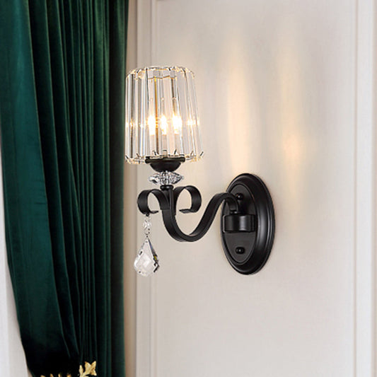 Frendorf | 1/2-Licht Klar Prismen Kristall Wandleuchte Moderne Schwarze Zylinder Wohnzimmer Wandmontage Lampe