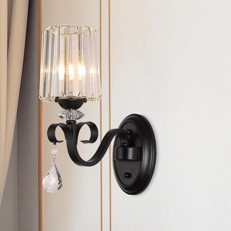 Frendorf | 1/2-Licht Klar Prismen Kristall Wandleuchte Moderne Schwarze Zylinder Wohnzimmer Wandmontage Lampe