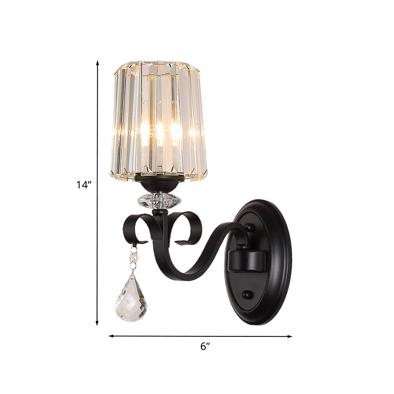 Frendorf | 1/2-Licht Klar Prismen Kristall Wandleuchte Moderne Schwarze Zylinder Wohnzimmer Wandmontage Lampe