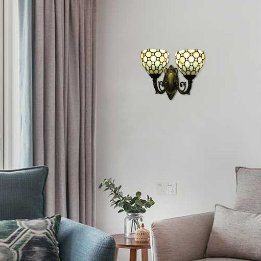 Frendorf | Restaurant Grid Shade Sconce Licht Glas 2 Koppen Tiffany Vintage Beige Wandlamp in Beige