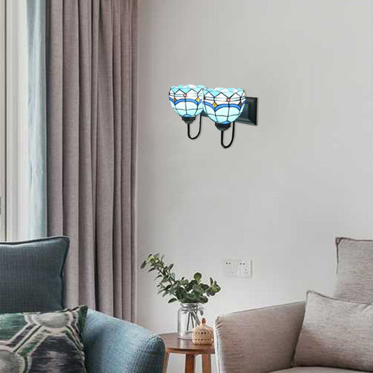 Frendorf | Blauwe Kom Wandmontage Licht Mediterraans 2 Hoofden Multicolor Gevlochten Glas Wandverlichting
