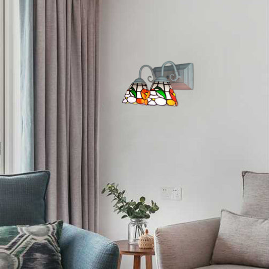 Frendorf | Glas-in-lood Pioen Muurverlichting Tiffany 2 Koppen Oranje Wandlamp met Gebogen Arm