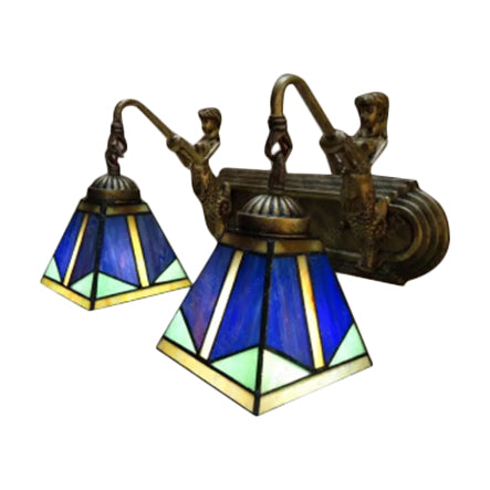 Frendorf | Piramide Wandlamp Tiffany Blauw Glas 1 Hoofd Antique Messing Wandverlichting