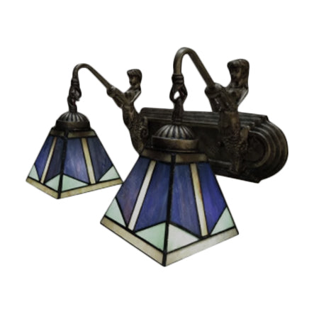 Frendorf | Piramide Wandlamp Tiffany Blauw Glas 1 Hoofd Antique Messing Wandverlichting