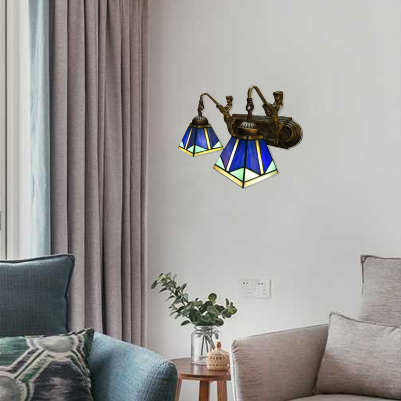 Frendorf | Piramide Wandlamp Tiffany Blauw Glas 1 Hoofd Antique Messing Wandverlichting