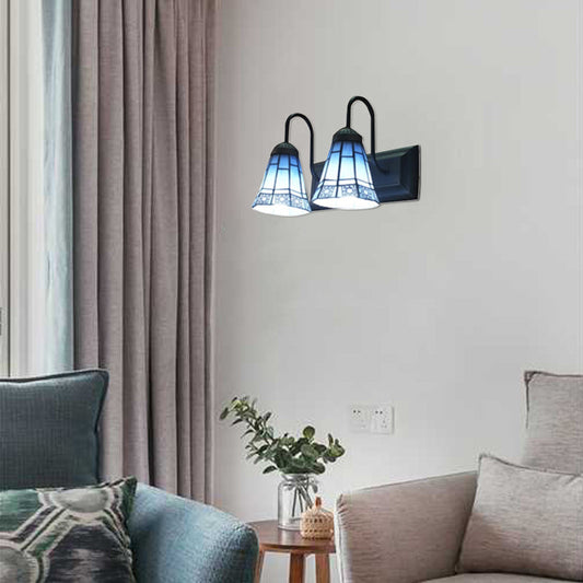 Frendorf | 2 Head Woonkamer Wandmontage Licht Tiffany Zwarte Wandlamp met Uitgebreide Blauwe Glazen Kap