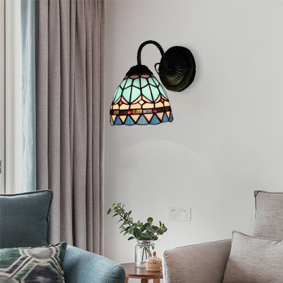 Frendorf | Glas in lood Koepel Wandlamp 1 Licht Mediterrane Stijl Wandlamp in Blauw voor Trap