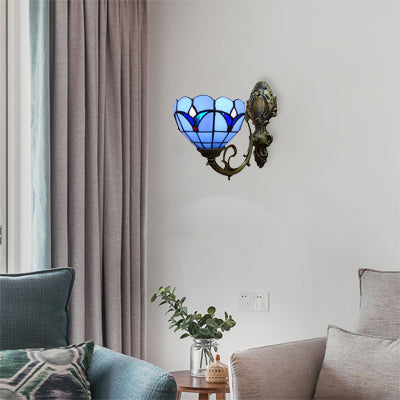 Frendorf | Foyer Bowl Shade Wandlamp Gehard Glas 1 Hoofdtiffany Wandlamp in Blauwe Afwerking