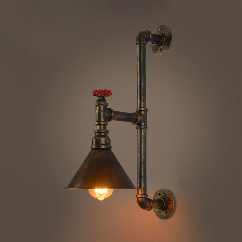 Frendorf | Industrielle Sanitärrohr Wandmontierte Lampe mit Ventil Dekoration 1 Licht Metall Wandbeleuchtung in Rost/Antikmessing