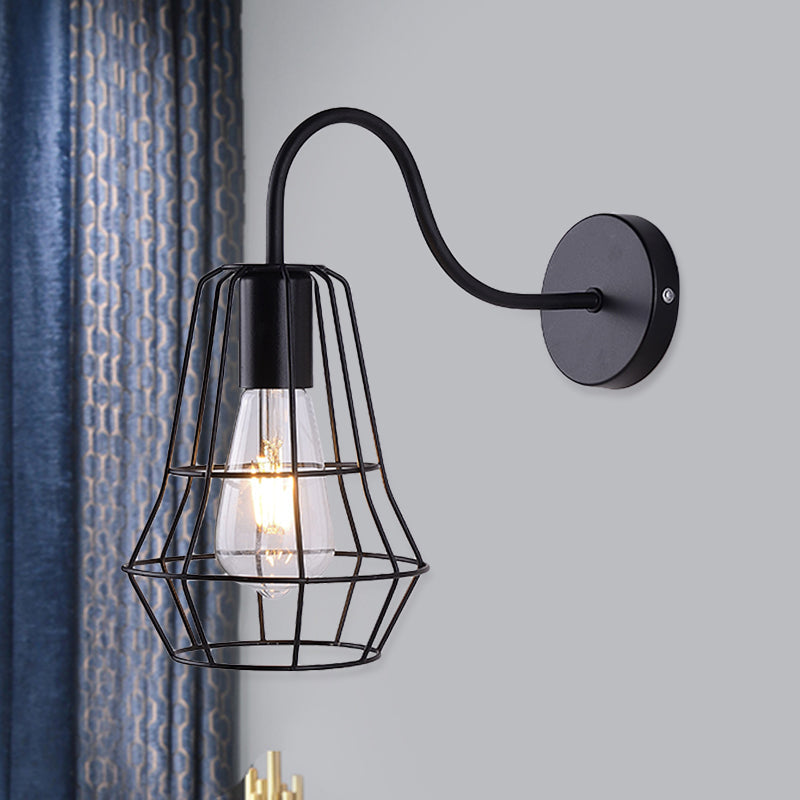 Frendorf | Gooseneck Arm Wohnraum Wandlicht mit Käfigschirm Retro-Stil Metall 1 Licht Schwarz-Finish Wandlampe
