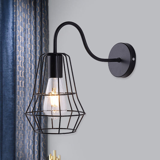 Frendorf | Gooseneck Arm Wohnraum Wandlicht mit Käfigschirm Retro-Stil Metall 1 Licht Schwarz-Finish Wandlampe