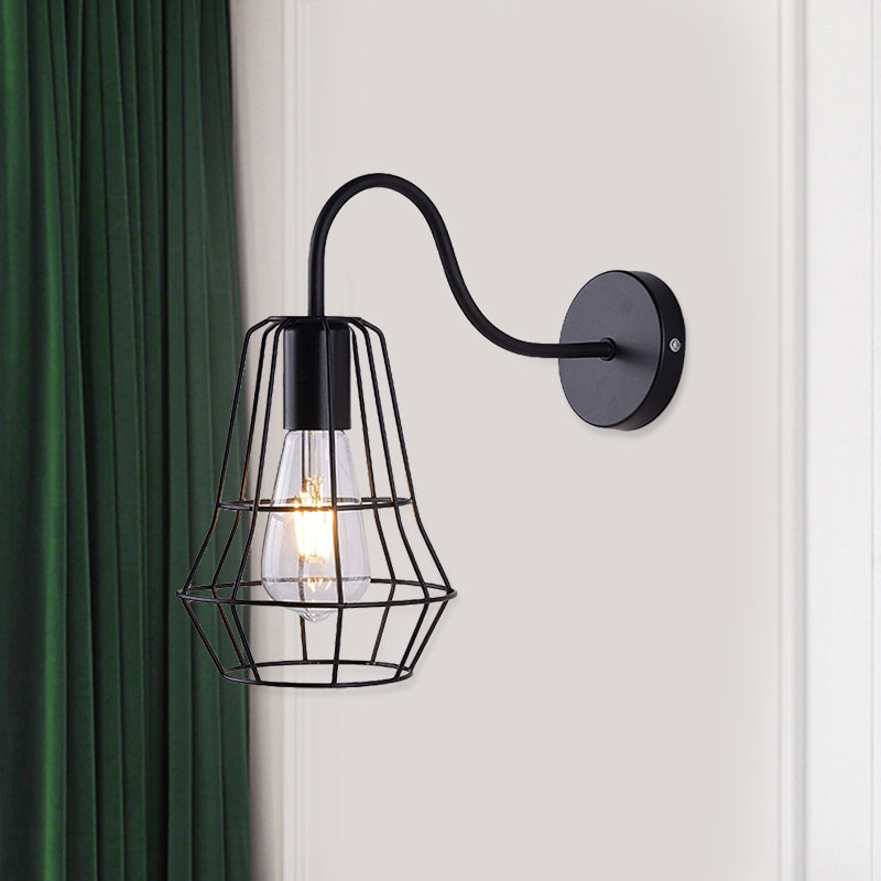 Frendorf | Gooseneck Arm Wohnraum Wandlicht mit Käfigschirm Retro-Stil Metall 1 Licht Schwarz-Finish Wandlampe