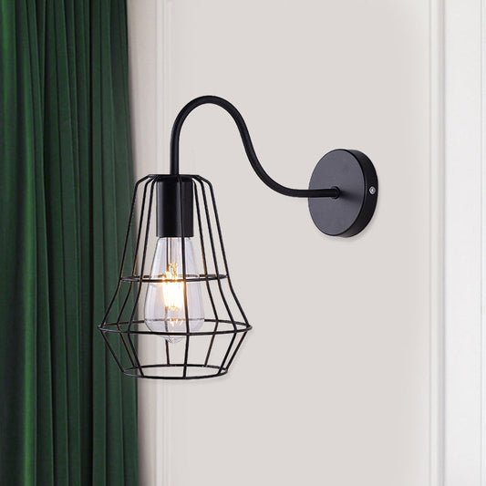 Frendorf | Gooseneck Arm Wohnraum Wandlicht mit Käfigschirm Retro-Stil Metall 1 Licht Schwarz-Finish Wandlampe