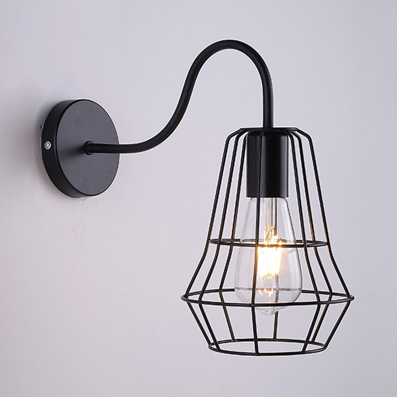 Frendorf | Gooseneck Arm Wohnraum Wandlicht mit Käfigschirm Retro-Stil Metall 1 Licht Schwarz-Finish Wandlampe
