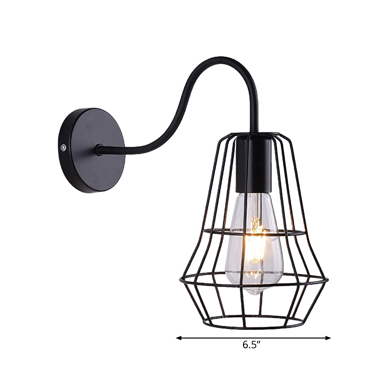 Frendorf | Gooseneck Arm Wohnraum Wandlicht mit Käfigschirm Retro-Stil Metall 1 Licht Schwarz-Finish Wandlampe
