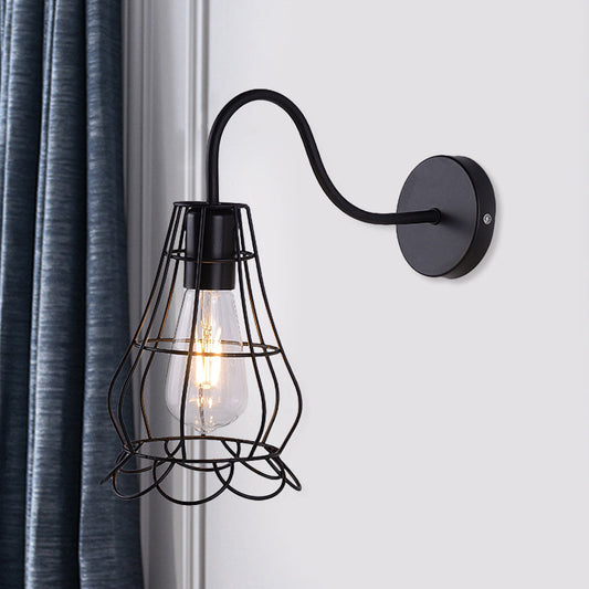 Frendorf | Metallisch Schwarzes Finish Konsolen Wandlicht Drahtkäfig Schirm 1 Licht Retro-Stil Wandmontage Licht für Nachttisch