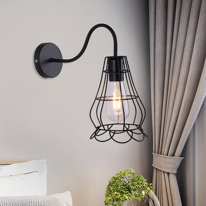Frendorf | Metallisch Schwarzes Finish Konsolen Wandlicht Drahtkäfig Schirm 1 Licht Retro-Stil Wandmontage Licht für Nachttisch
