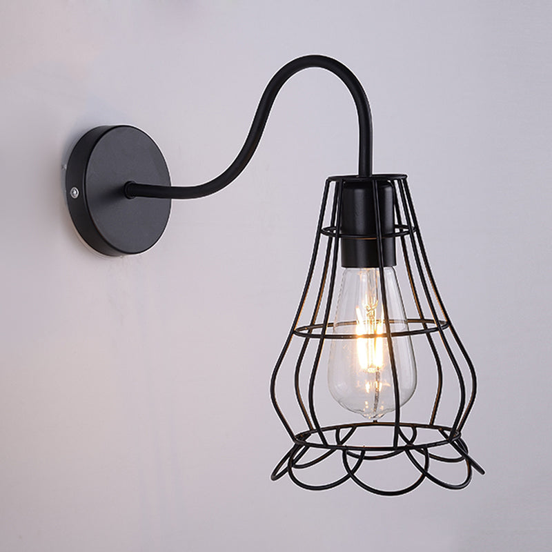 Frendorf | Metallisch Schwarzes Finish Konsolen Wandlicht Drahtkäfig Schirm 1 Licht Retro-Stil Wandmontage Licht für Nachttisch