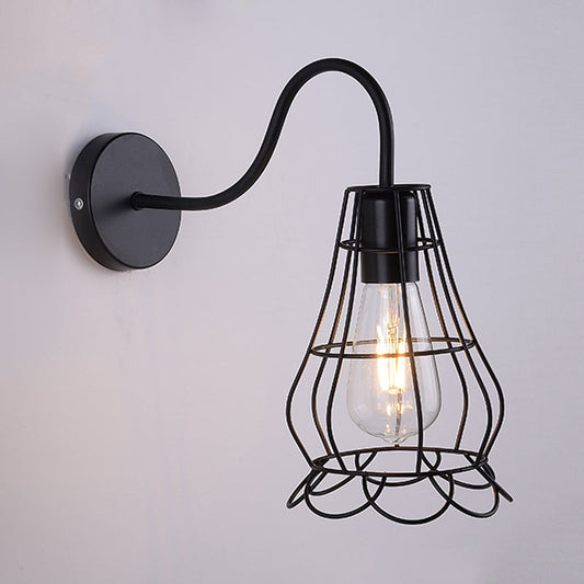 Frendorf | Metallisch Schwarzes Finish Konsolen Wandlicht Drahtkäfig Schirm 1 Licht Retro-Stil Wandmontage Licht für Nachttisch