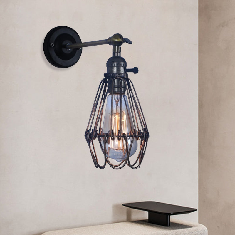 Frendorf | Rustieke Stijl Kooi Shade Wandverlichting 1 Licht Smeedijzeren Wandlamp in Zwart voor Koffiehuis