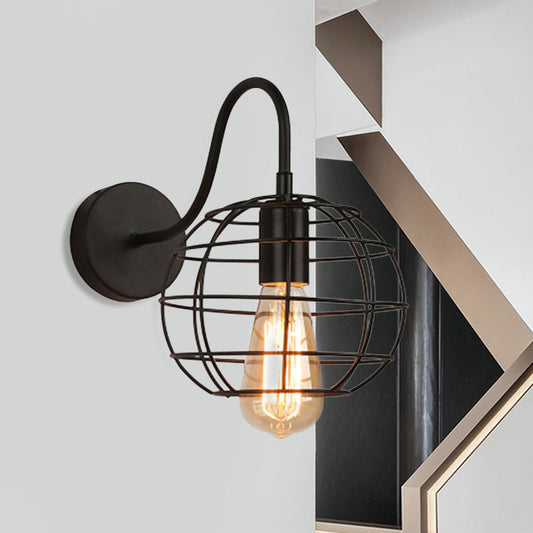 Frendorf | Industriell stilvoller Globus Käfig Wandbeleuchtung 1 Glühbirne Metall Wand Sconce Licht mit gebogenem Arm in Schwarz für Nachttisch