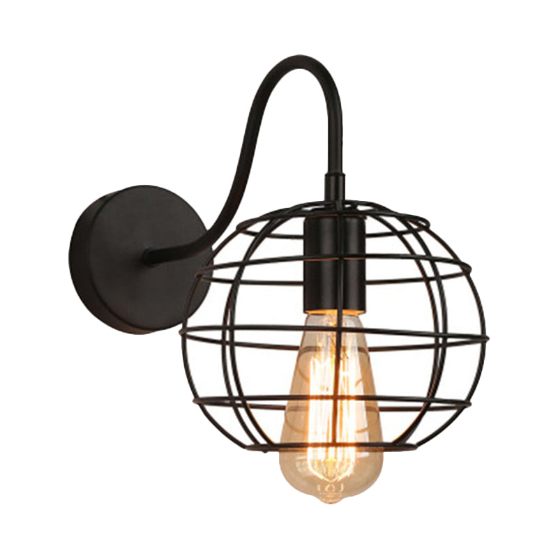 Frendorf | Industriell stilvoller Globus Käfig Wandbeleuchtung 1 Glühbirne Metall Wand Sconce Licht mit gebogenem Arm in Schwarz für Nachttisch