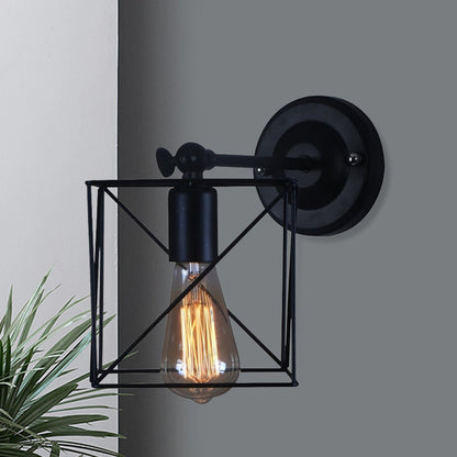 Frendorf | 1 Kopf Metall Wandbeleuchtung Antik Stil Schwarz Quadratisch Käfig Schirm Schlafzimmer Wandmontierte Lampe